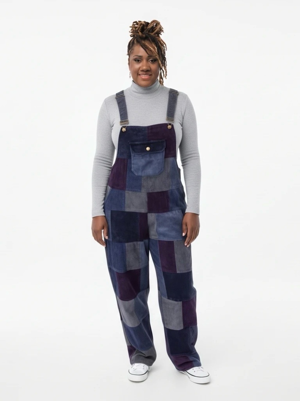 Patchwork Corduroy Overalls — Navy/Blue & Grey